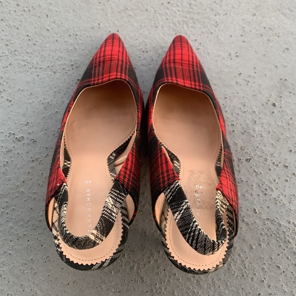 Zara Red Black Plaid Sling Back Pumps Heels Shoes - Picture 3 of 5